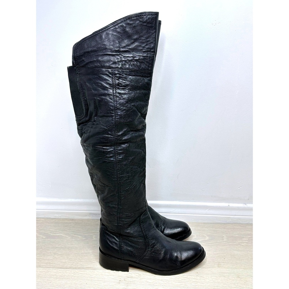 Report Over The Knee Boots Women 8 Black Pebble Leather Flat‎ Zipper Moto Goth